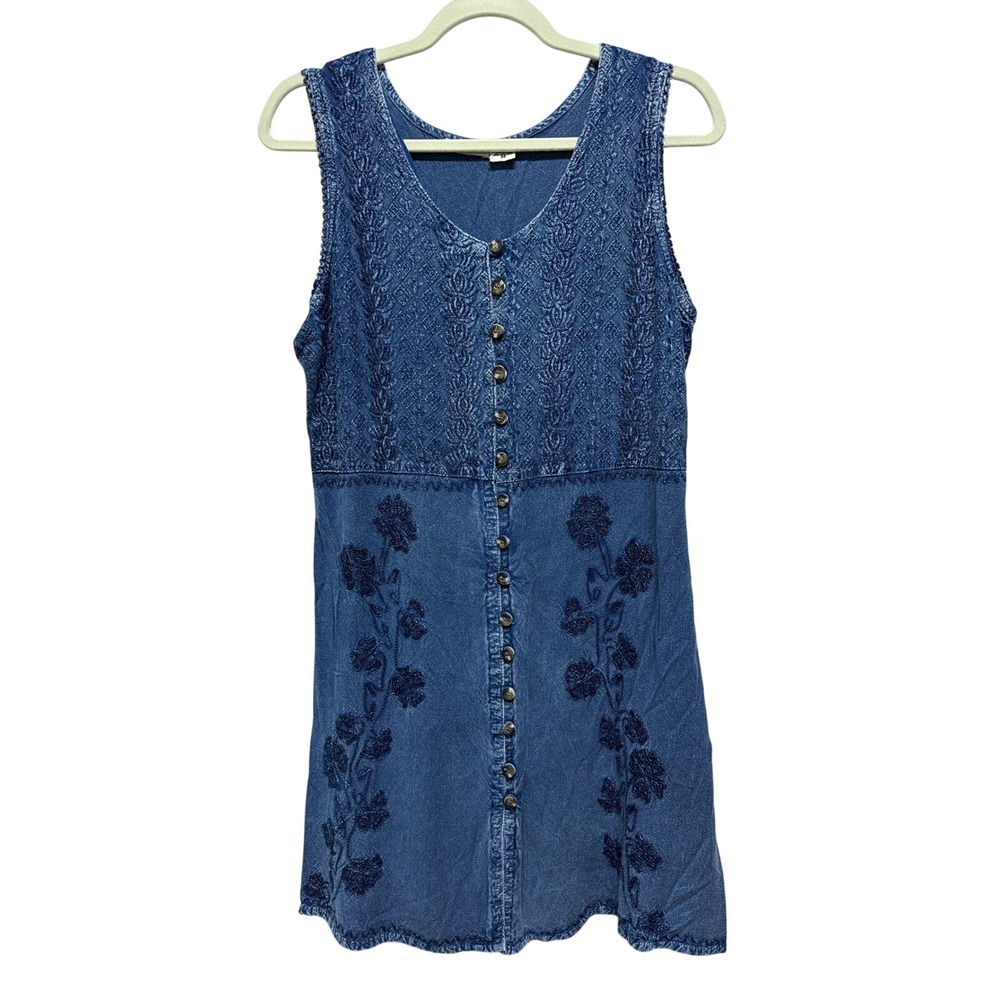 Raya Sun Blue Embroidered Button Front Denim Dress Womens Size M